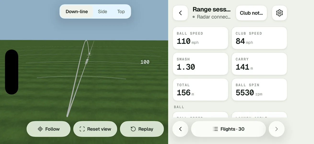 The app's range flight page on a phone turned sideways, with sample data: one of 30 shots flown down the range, 110 mph ball speed, 141 m carry.