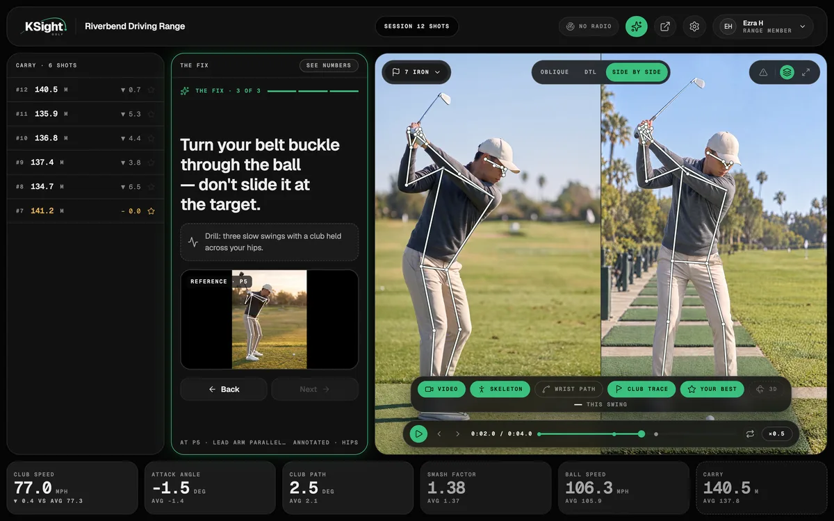 The KSight bay app on a laptop, with demo data: a list of 7-iron carries, the coach card with one fix, and our golfer's swing from two angles with the skeleton drawn on it.