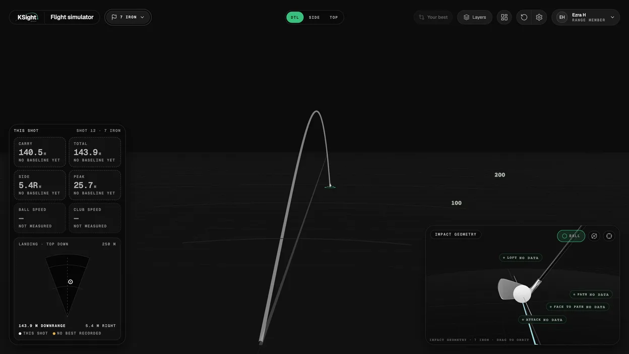 The bay's flight window on a second screen, with demo data: the 7-iron shot flown in 3D, 140.5 m carry, and where it landed.