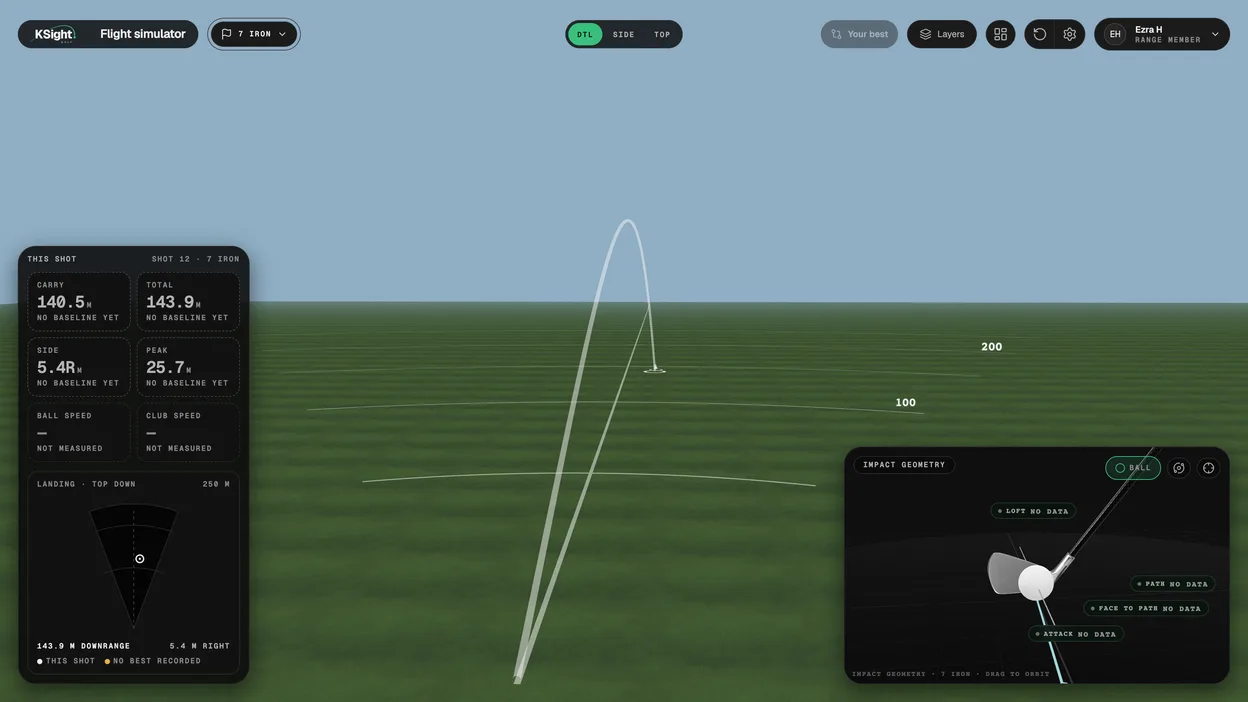 The bay's flight window on a screen, with demo data: a 7-iron shot flown over a green range under the sky, 140.5 m carry, and where it landed.