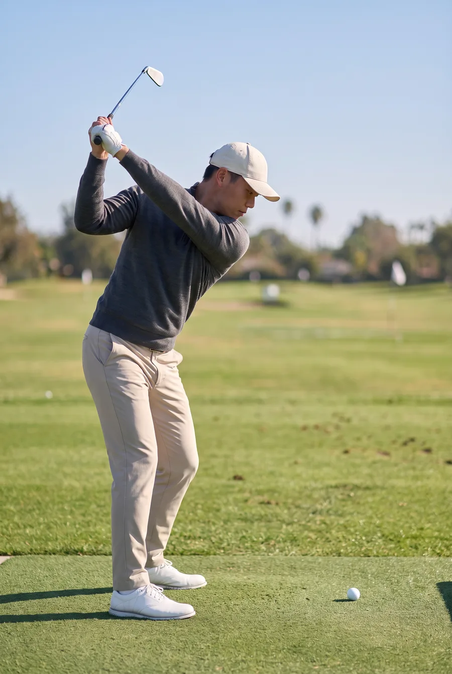 Our golfer at the top of his backswing with two skeletons on him: white for this swing, and gold for his own best 7-iron swing, drawn behind it.