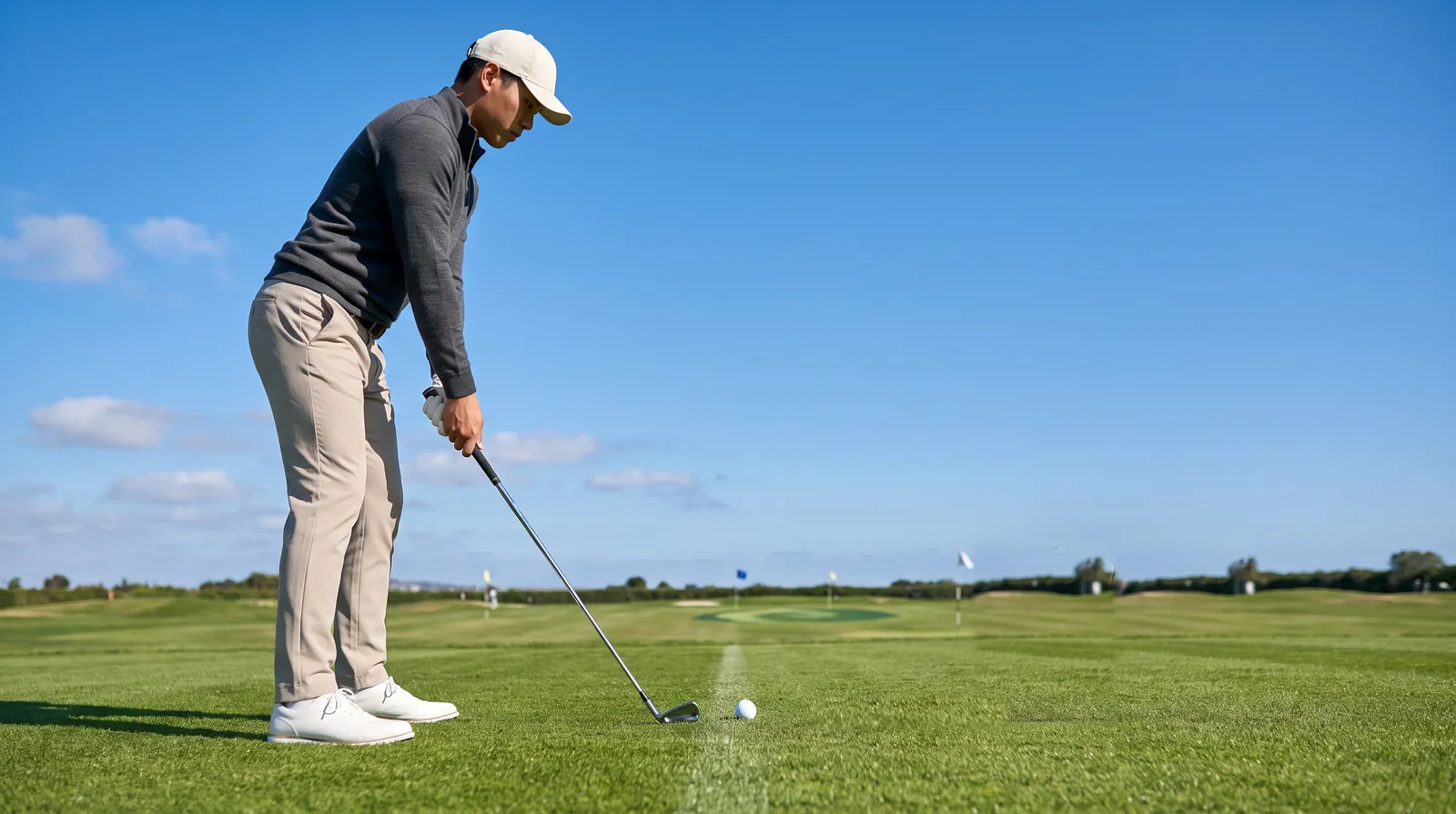 A golfer at address with an iron on a sunny driving range under a blue sky, the ball on the grass.